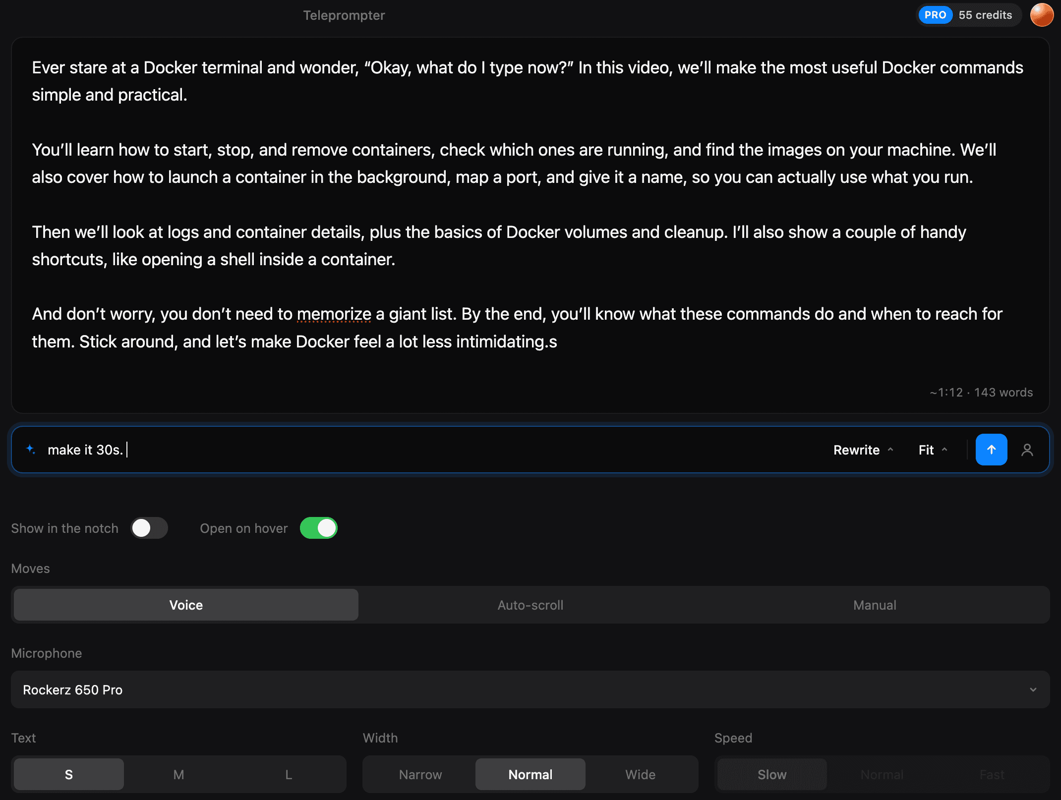 Asking the AI to shorten the script, in the editor