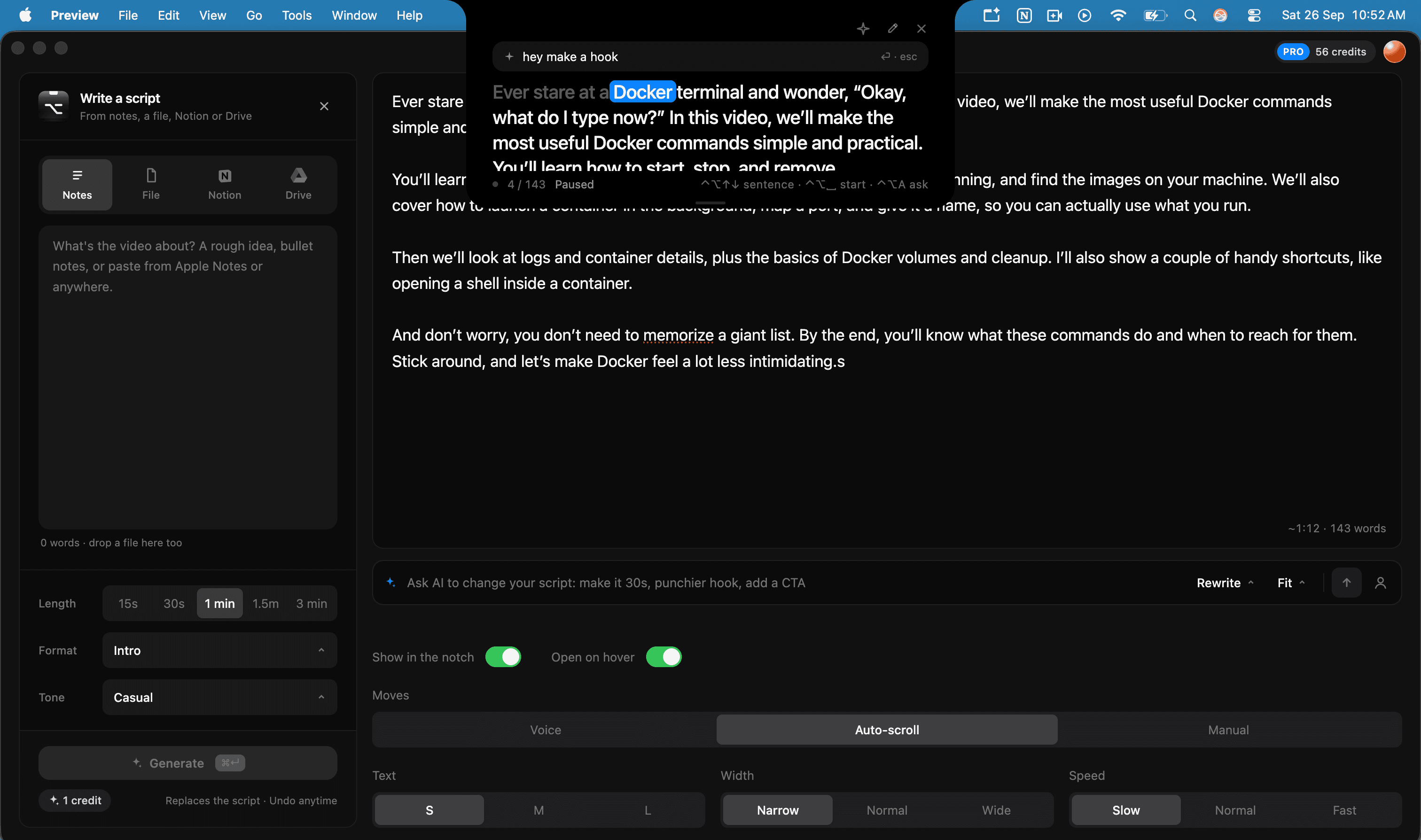 The getcta editor, with the script showing under the MacBook notch and the word being read highlighted