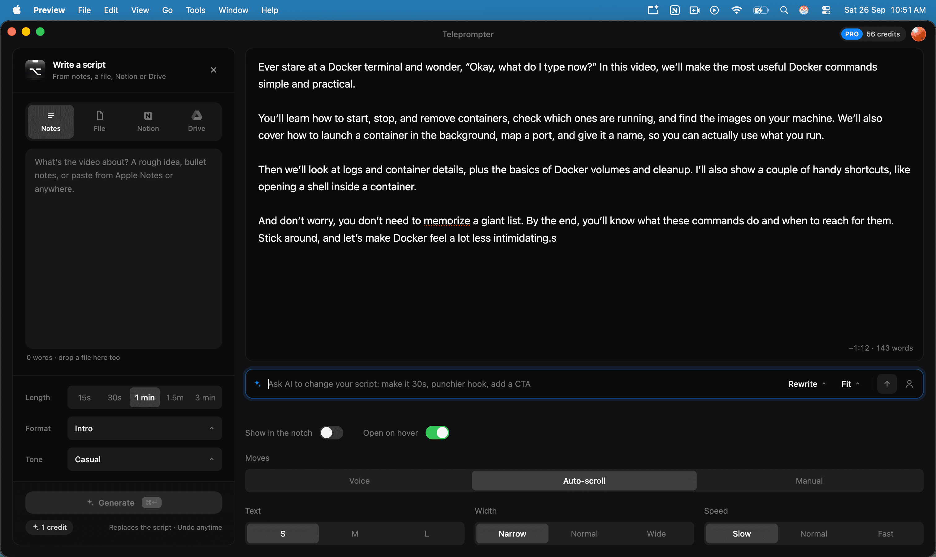The editor: write a script on the left, the script and AI bar on the right